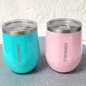 Corkcicle Classic Stemless Wine Tumbler Lid Set of 2 Turquoise Rose Quartz 12 Oz